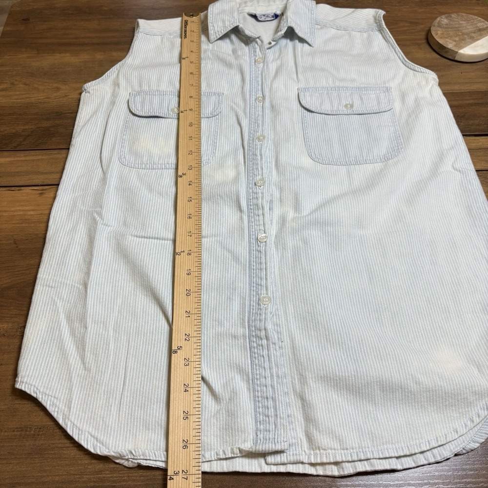 Vintage Off Base Men S Light Blue Sleeveless Button Up Hickory Stripe Cotton - Picture 12 of 14